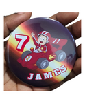 Race Car theme Birthday Badge - 75mm Customized Buttons by Camieroseuk