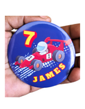 Race Car theme Birthday Badge - 75mm Customized Buttons by Camieroseuk