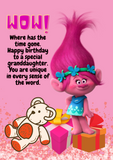 Poppy the Troll theme birthday card, Camieroseuk presonalised cards