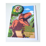 T-Rex birthday card with badge, customised cards at Camieroseuk