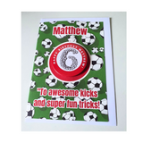 Football birthday card with badge, customised cards at Camieroseuk