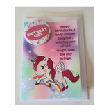 Unicorn birthday card with badge, customised cards at Camieroseuk