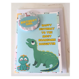 Dinosaur birthday card with badge, customised cards at Camieroseuk