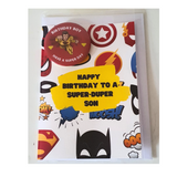 Superhero birthday card with badge, customised cards at Camieroseuk