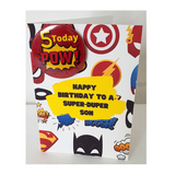 Superhero birthday card with badge, customised cards at Camieroseuk