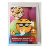 Emoji birthday card with badge, customised cards at Camieroseuk