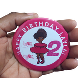 Black girl 75mm (3inch) birthday badge, CamieRoseUk, customised badges