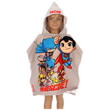 Boys, girls kids character, Batman, superman, flash poncho, customised beach wear