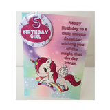 Unicorn birthday card with badge, customised cards at Camieroseuk