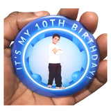 Neon theme photo button, 75mm birthday badge at Camieroseuk