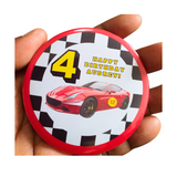 Race Car theme Birthday Badge - 75mm Customized Buttons by Camieroseuk