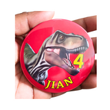 T-Rex birthday badge,  75mm buttons, CamieRoseUK