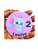 Cute kitty 75mm birthday badge, Camieroseuk customised badges