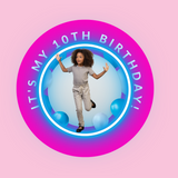 Neon theme photo button, 75mm birthday badge at Camieroseuk