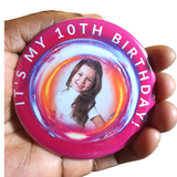 Photo button, neon theme, 75mm birthday badge at Camieroseuk