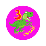 T-Rex birthday badge,  75mm buttons, CamieRoseUK