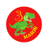 T-Rex birthday badge,  75mm buttons, CamieRoseUK