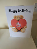 Teddy and hearts birthday card, I love you cards, handmade