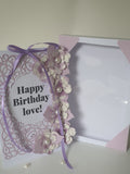 Luxury birthday boxed card, purple grace, handmade at Camieroseuk