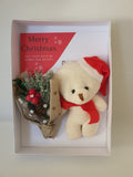 Cute luxury box Christmas card, Camieroseuk, teddy and bouquet