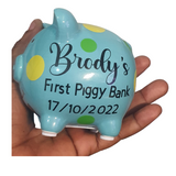 Customised mini Piggy banks for kids, babies/toddlers decorative money box, christening gifts at Camieroseuk