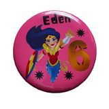 75mm superhero girl inspired pin/badge, kids character badge, Camieroseuk